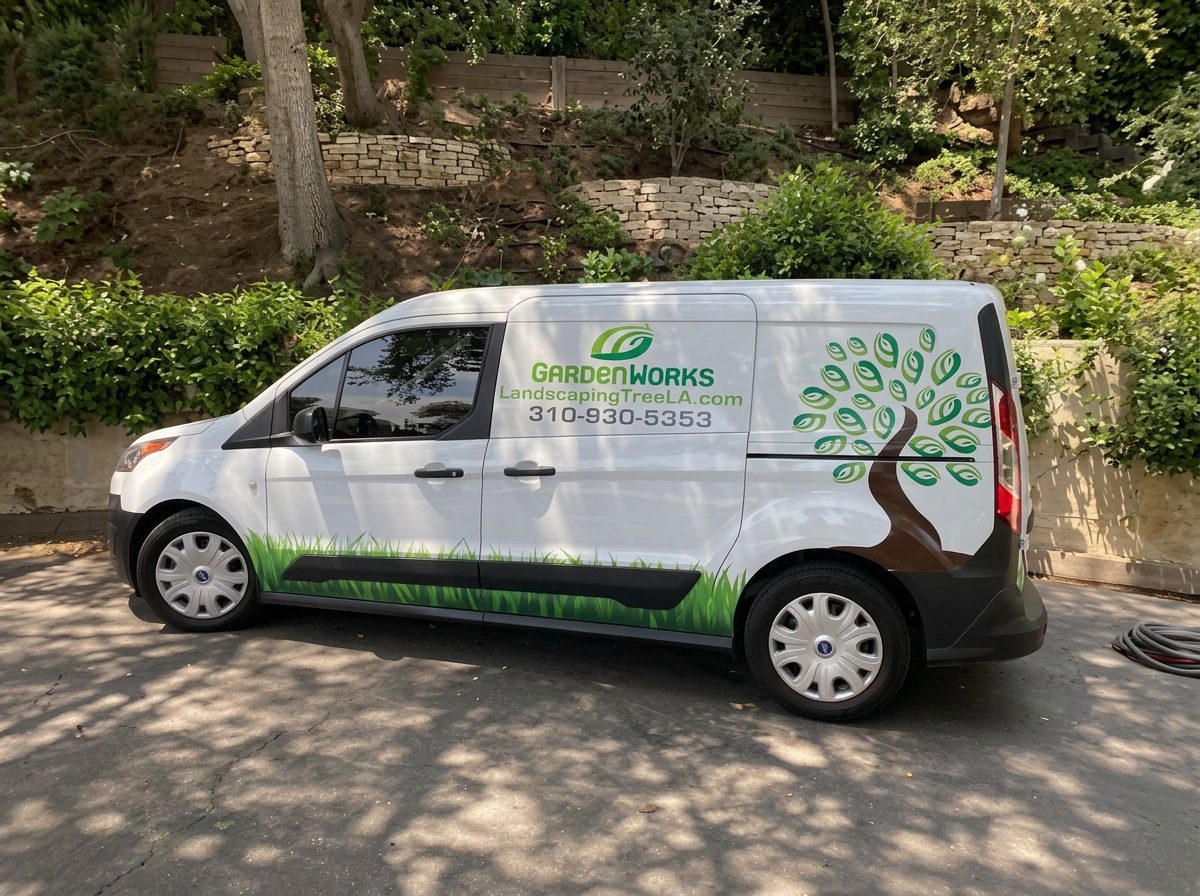 Garden Works landscaping van parked in front of a terraced hillside garden